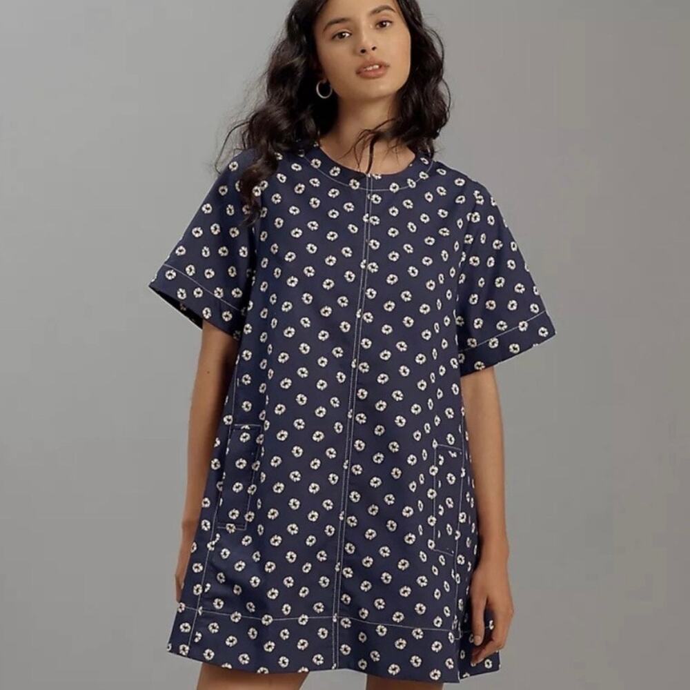 Anthropologie Navy Blue Mini Dress with White Floral Print